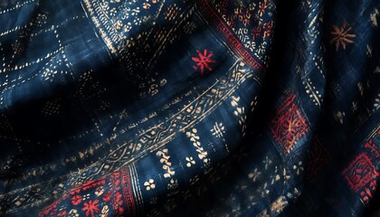 Poster - Background Showcasing Indian Ajrakh Fabric with Intricate Indigo and Red Patterns