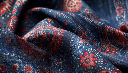 Poster - Background Showcasing Indian Ajrakh Fabric with Intricate Indigo and Red Patterns