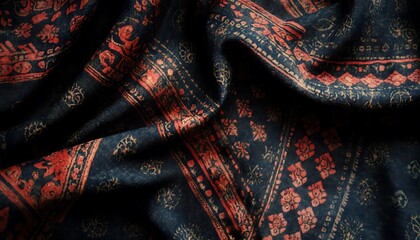 Poster - Background Showcasing Indian Ajrakh Fabric with Intricate Indigo and Red Patterns
