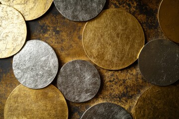 Poster - an arrangement of gold and silver circular patterns overlaps on a dark textured surface, showcasing 