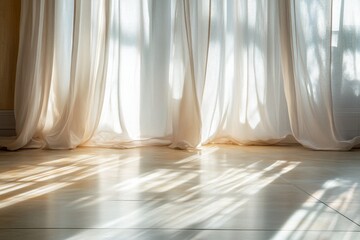 Poster - a sunlit room with sheer curtains allows warm light to create delicate glares and soft shadows on th