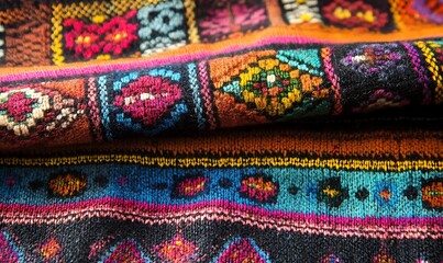 Poster - Detailed Shot of Andean Textile from Peru with Vibrant Colors and Complex Patterns