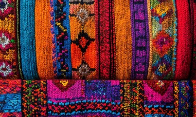 Poster - Detailed Shot of Andean Textile from Peru with Vibrant Colors and Complex Patterns