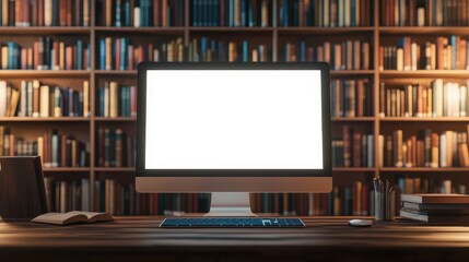Poster - Desktop computer with an empty screen, positioned on a work desk with library bookshelves in the background, ready for mockups.