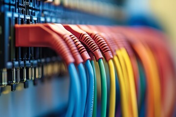 Poster - Multiple internet cables are intricately plugged into a network switch, displaying vibrant colors that illustrate the complexity of modern connectivity