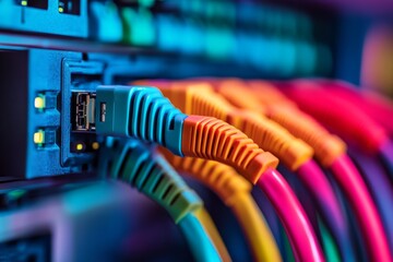 Poster - A vibrant arrangement of internet cables is plugged into a network switch, highlighting a mix of colors and technical connections in a contemporary workspace