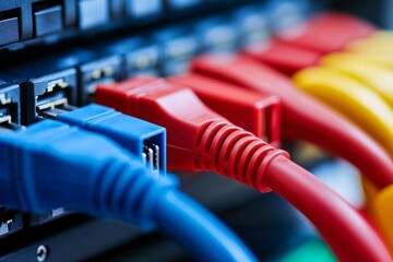 Poster - Colorful internet cables are plugged into a network switch, illustrating the intricate details of modern digital connectivity in a technical environment