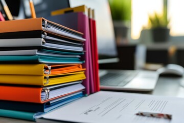 Poster - A well-organized stack of various colored folders sits on an office desk next to documents, with a laptop and greenery in the background