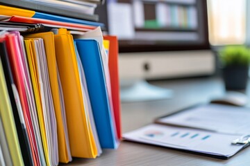 Poster - A neatly arranged stack of colorful folders and documents sits on an office desk, highlighting a productive work environment