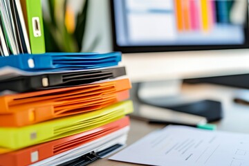 Poster - A closeup view of a tidy arrangement of various colored folders and documents on an office desk, with a computer displaying charts in the background