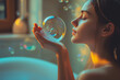 © Chin - Woman holding shampoo bubble in bathroom .