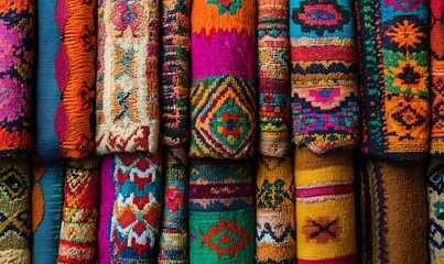 Poster - Detailed Shot of Andean Textile from Peru with Vibrant Colors and Complex Patterns