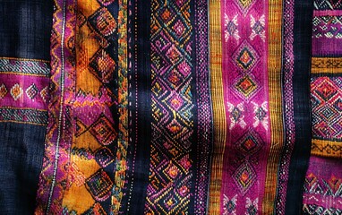 Poster - Close-Up of Woven Textile from Southeast Asia with Intricate Patterns and Vivid Colors