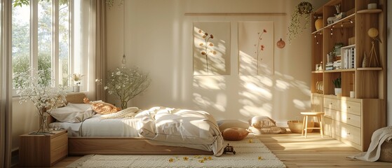 Aufkleber - A serene bedroom with soft light, natural decor, and a cozy atmosphere, perfect for relaxation and comfort.