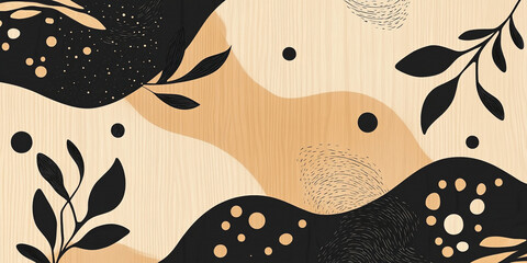 Wall Mural - A wood grain background with black and beige shapes, dots, and leaves