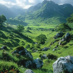 Wall Mural - Tranquil Highland Serenity: Lush Pastures, Rolling Hills, Majestic Mountains & Serene Landscapes