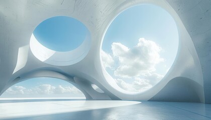 Poster - A modern interior showcasing large circular windows, bright sky, and smooth architectural lines, creating a serene atmosphere.