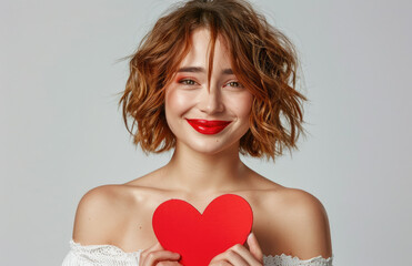 Sticker - Portrait of a beautiful woman with red lips, wavy hair holding a big heart cut out in her hands and smiling isolated on a plain bright background