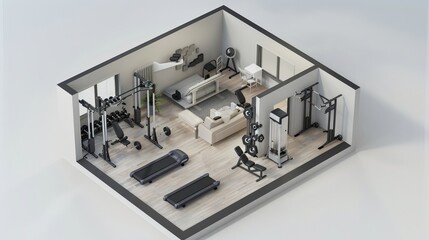 Wall Mural - A 3D model of a small yet fully equipped home gym, showcasing the efficient use of space with compact and versatile equipment.