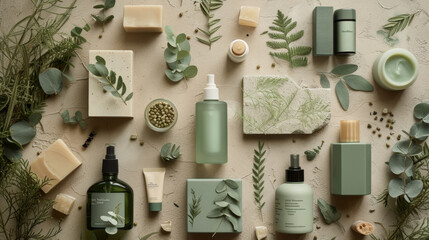 Wall Mural - Natural cosmetic, skincare product for face and body care. Eucalyptus cosmetic, spa product at white table.