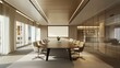 © peerawat - A 3D-rendered business meeting room with a long table, chairs, and a large screen for presentations.