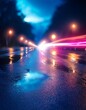 © Mis_TiKa - Background of wet asphalt with neon light. Blurred background, night lights, reflection.