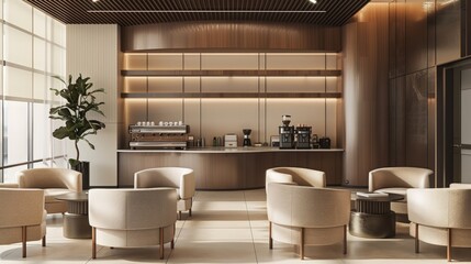 Wall Mural - A 3D-rendered business lounge area with comfortable seating, coffee machines, and casual meeting spots.