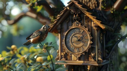 Wall Mural - A 3D-rendered cuckoo clock, complete with a charming bird and detailed carvings, evoking a sense of nostalgia.