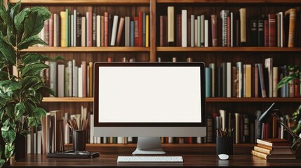 Poster - Mockup of a computer with a blank screen on a desk, with a cozy library bookshelf backdrop, suitable for design projects.
