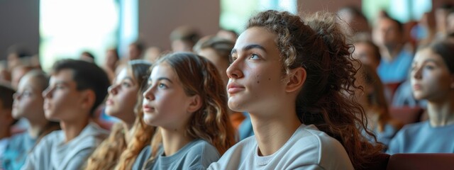  A cluster of youthful females seated together before an assembly of people in a lecture hall