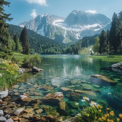 Wall Mural - Scenic Beauty of Austria: Green Mountain Lake, Snow-Capped Peaks, Lush Forests, Stunning Views