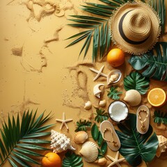 Wall Mural - Summer Beach Accessories Flat Lay: Wicker Bag, Sandals, Hat, Tropical Leaf, Shells, Starfish on Ye