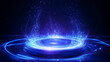 © Best_Seller - Blue light portal effect with a magical neon glow. Tech hologram teleportation. Energy ring for gaming. 3D power vortex pedestal. Abstract luminous futuristic product stage with swirling lines and cir