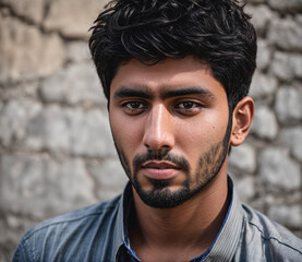 A man with a beard and a blue shirt is standing in front of a wall