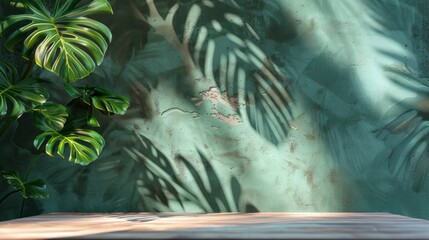 Poster - A green wall with a plant and a leafy green plant on it
