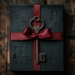 Wall Mural - Vintage Key with Red Bow in Black Gift Box on Rustic Wooden Surface: Elegant Holiday Decoration