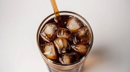 Poster - A clear glass of iced coffee with ice cubes and a straw on a white backdrop.