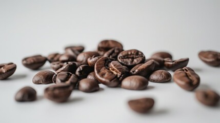 Wall Mural - A close-up of freshly roasted coffee beans scattered on a white surface.