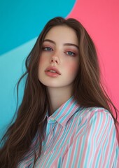 Wall Mural - A woman with long brown hair and blue eyes is wearing a striped shirt