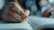 ©  Shomixer - A close-up of a hand holding a pencil and writing in a notebook, capturing a moment of studying, note-taking, or brainstorming. The background is softly blurred.