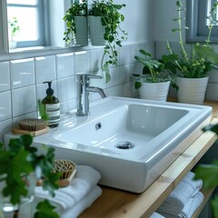 Wall Mural - Modern White Sink with Faucet and Drain: Ideal for Interior Design and Home Decor Photography