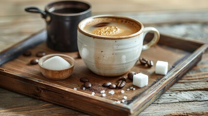 Wall Mural - A coffee cup placed on a wooden tray with a small pot of cream and sugar cubes.