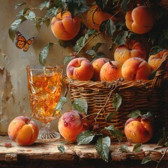 Wall Mural - Ripe Peach Delight: A Basket Overflowing, Cold Peach Juice, and a Whimsical Butterfly