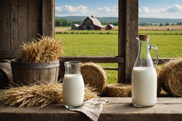 Fresh Farm Milk: Capture a rustic still-life of fresh milk in a glass bottle, surrounded by scenic farm elements like hay, barn wood, and a milk pail