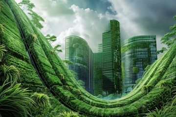 Modern skyscrapers integrate lush greenery, showcasing sustainable urban development and harmony with nature.