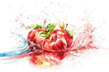 Sticker - Watercolor Illustration of Red Apples on Splash of Juicy Wave