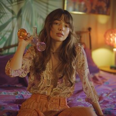 stylish woman posing with bong in contemporary bedroom setting, reflecting modern leisure lifestyl