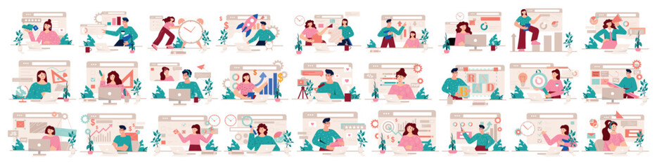 Poster - mega set of pink concepts with people scene in flat cartoon design. a huge collection of vivid illus