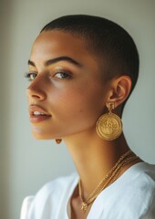 Wall Mural - A woman with a short haircut and gold earrings