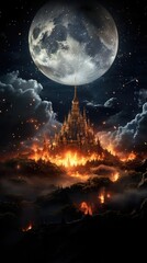 Canvas Print - Beautiful Fairytale Castle Moon Sky Landscape Embroidery  